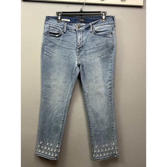 NYDJ Jeans Womens 14 Petite Blue Denim Sheri‎ Slim Cropped Lift Tuck Embroidered - Picture 1 of 10